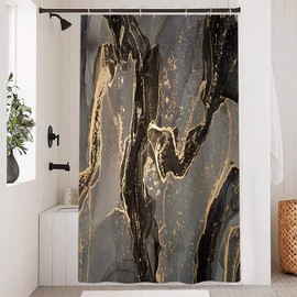 Uiiooazy Shower Curtain Black Gold Marble-Look Abstract Marbled Shower Curtain Bathtub Anti-Mould Waterproof Polyester Fabric Washable Opaque Bathroom Curtain with Rings 120 x 200 cm