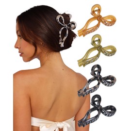 4 PCS Bow Hair Clips Bow Claw Clip for Women Nonslip Large Hair Claw Clips for Thin and Thick Hair Strong Hold Hair Bows (Yellow+Brown+Black Leopard Print+Brown Leopard Print)