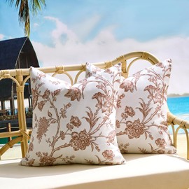 KWLET Taupe Throw Pillow Covers Outdoor Waterproof Vintage Floral Spring Summer Brown and Whtie Pillowcase Square Farmhouse 18x18 Inch Cushion Covers with Zipper Set of 2 for Sofa Patio Garden