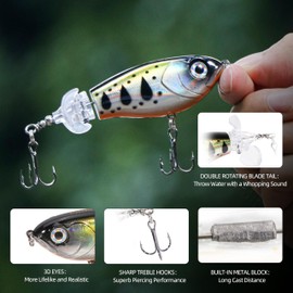 PROBITE Twin Prop Topwater Bass Lure - Long Casting Splash Bait with Dual Propellers, 3D Eyes, Anti-Rust Treble Hooks - Freshwater or Saltwater Fishing for Lakes, Rivers, Morning & Evening Strikes