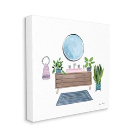 Stupell Industries Bathroom Interior Sink with Plants Blue Pink Artwork Canvas Wall Art, 17 x 17, White