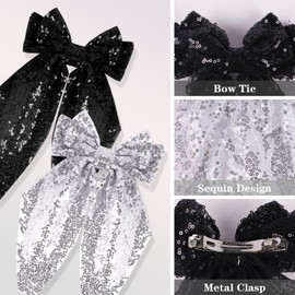 2Pcs Girls Glitter Bow Hair Clip Women Large Bowknot Hair Tie Girl Bowknot Hairpin Sparkly Bow Hair Barrettes Vintage French Hair Clip Long Lace Style Hair Accessories (Black/Silver)