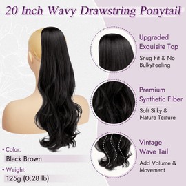 BARSDAR Black Brown Wavy Drawstring Ponytail Extension, 20 Inch Drawstring Comb Clip in Ponytail Hair Extensions for Women Natural Looking Synthetic Curly Wavy Pony Tails Hairpieces