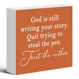 Luipk God Is Still Writing Your Story Orange Wood Box Sign Desk Decor 5X5, Christian Scripture Bible Verse Prayer Room Block Sign Decorations for Home Office Wall Tabletop Shelf Decor