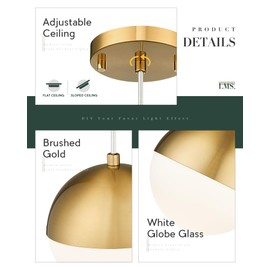 LMS 6-inch Brushed Gold Pendant Light Fixtures, Mid Century Pendant Light Fixtures with White Globe Glass, Adjustable Hanging Cord Ceiling Light Fixtures for Dining Room Bathroom, LMS-186BGS