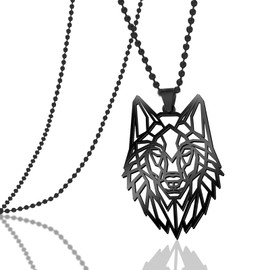 VASSAGO Wolf Necklace for Men Women Stainless Steel Animal Head Necklace Gothic Punk Rock Mens Pendant Fashion Jewelry (Black Necklace-Bead Chain)
