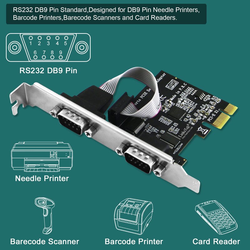 LinksTek 2-Port PCI Express RS-232 DB9 Serial Port Card for