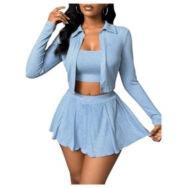 SOLY HUX Women's Tennis Mini Skirt Sets 3 Piece Skirt with Shorts Underneath Rave Sexy Club Outfits Skort Sets Pure Blue Medium