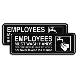 Cartel estándar Employees Must Wash Hands para puerta/pared, color negro, paquete pequeño, 2