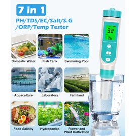 7 in 1 TDS Meter, Digital Versatile Water Tester-TDS/EC/PH/Salt/S.G/OPR/Temperature, Professional Testing for Drinking Water, Fish Tank, Hydroponics, Laboratory, Pool, Aquarium