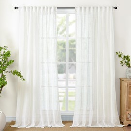 YoungsTex White Linen Semi Sheer Curtains 90 Inches Long for Living Room, Ivory Light Filtering Drapes Netural Texutred with Rod Pocket Back Tab for Bedroom Dining, 2 Panels, 52 X 90 Inch