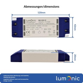 Lumonic LED Transformer BLV-20-12, 12 V, 20 W, Input 220-230 VAC, Flicker-Free & Efficient, Overload Protection, LED Power Supply, for LED Lighting and LED Strip