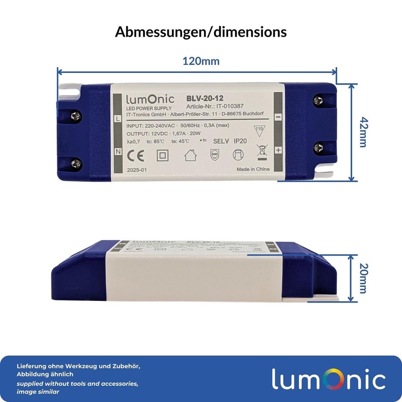 Lumonic LED Transformer BLV-20-12, 12 V, 20 W, Input 220-230