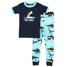 Lazy One Short-Sleeve Pajamas Sets for Girls and Boys, Kids' Soft, Animal PJs, Shark, Sea, Ocean, Can't Sleep (Wide Awake, 6)