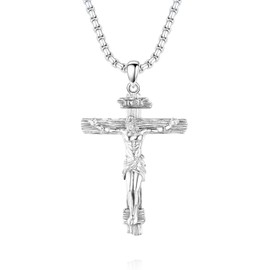 DOTBJ White Gold Plated Crucifix Pendant Necklace for Men, 925 Sterling Silver Catholic Jesus Cross with Stainless Steel Chain 22"+2"
