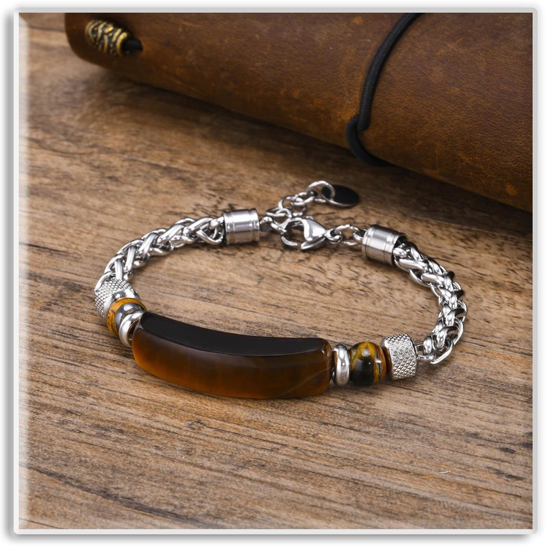 Xusamss Tiger Eye Stone Bar Link Bracelet for Men(Brown)
