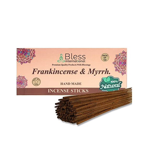Bless-Frankincense-and-Myrrh 100%-Natural-Handmade-Hand-Dipped-Incense-Sticks Organic-Chemicals-Free for-Purification-Relaxation-Positivity-Yoga-Meditation The-Best-Woods-Scent (100 Sticks (150GM))