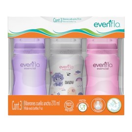 Evenflo Biberón Anticólicos de Dinosaurio para Niña, Cuello Ancho, 270ml/9oz, Rosa, Morado y Transparente, Flujo Medio, con Ventilación, 3 Piezas, par