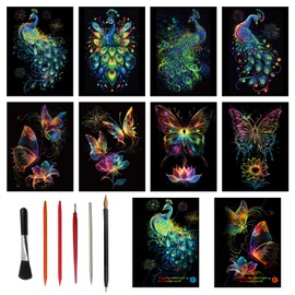 Scratch Pictures Set for Children and Adults, 8 Pieces Rainbow A4 Scratch Paper, Creative Scratch Art Set, Glow in the Dark for Boys & Girls, Christmas Birthday Gift with Scratch Tools Kit