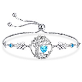 BELLNA S925 Sterling Silver Tree Of Life Birthstone Heart Charm Bracelet Gifts for Women Jewelry Anniversary Valentines Day Birthday Gifts Bracelets (Mar)