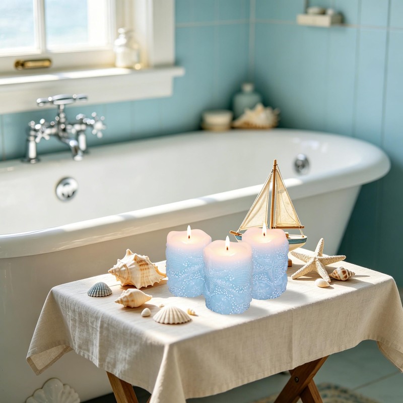 Immeiscent Coastal Starfish Seashell Pillar Candles Set of 3 Light
