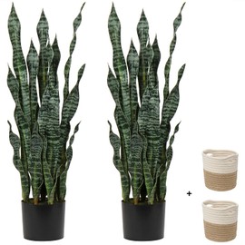 2 Set Large Fake Snake Plant Black Coral 37 Inch Sansevieria Plant Artificial Snake Plants in Pots with Woven Basket Faux Mother In Law Tongue Plant - 30 Leaves for Indoor Outdoor Home Office Decor