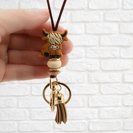 MyfavoriteK Cute Teacher Lanyard for ID Badges Stylish Cartoon Animal Beads and Adjustable Cord Lanyard for Teacher Nurse, Highland Cow, 18 in