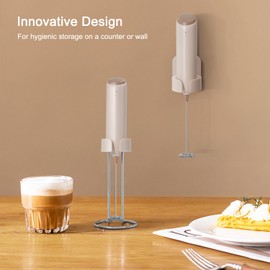 ELMWAY Rechargeable Coffee Frother by ELMWAY, Electric Milk Frother with Charging Stand & Wall Mount, Handheld Drink Mixer, Foam Maker for Coffee, Matcha - Beige