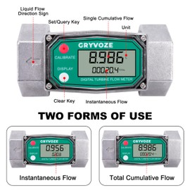 GRYVOZE 1.5 Inch NPT Fuel Flow Meter, 10.5-74 GPM 1-1/2" Inline Digital Turbine Flowmeter with LCD Display for Water, Diesel, Gas Oil, Gasoline, and Other Liquids - Supports Gallon, QTS, PTS, L, m³