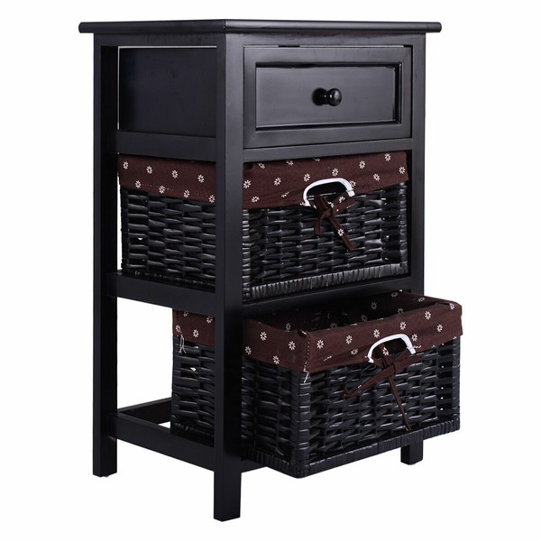 Black Night Stand 3 Tiers 1 Drawer Bedside End Table Organizer Wood W/2 Baskets