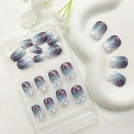 Press on Nails Short Silver Grid Fake Nails Square Glossy Glue on Nails Full Cover Acrylic Nails Purple & Blue Smudge False Nails Natural & Simple Stick on Nails for Women 24Pcs