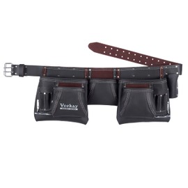 VEEKAY Leather Tool Belt Brown 2-Inch Wide Belt with 12 Pockets Oil Tanned, Tool Pouch/Bag for 32 to 46 Inch Waist – Ideal for Construction, Carpenters, and Framers