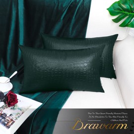BRAWARM Faux Leather Pillow Covers 12 X 20 Inches, Dark Green Leather Pillow Covers Pack of 2, Crocodile Leather Decorative Lumbar Throw Pillows for Living Room Couch Bed Sofa Home