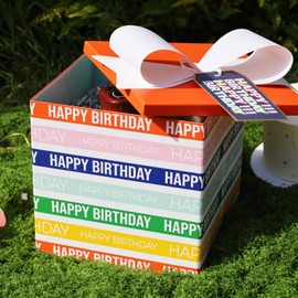 BIOBROWN Medium Birthday Gift Boxes with Lids for Presents, 9x9x9 Inches Colorful Birthday Design Collapsible Gift Box for Baby Shower, Party