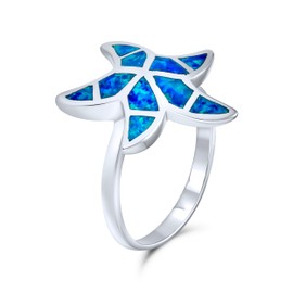 Nautical Tropical Beach Blue Created Opal Inlay Starfish Ring For Women .925 Sterling Silver