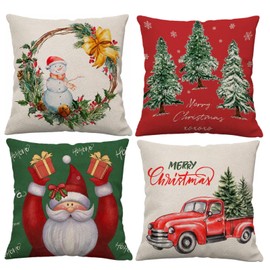 Christmas Pillow Covers 18x18 Set of 4 Red Christmas tree Pillow Cases Merry Christmas Truck Santa Claus Winter Holiday Decor Throw Cushion Case for Home Outdoor Couch Covers Decorations 18inches