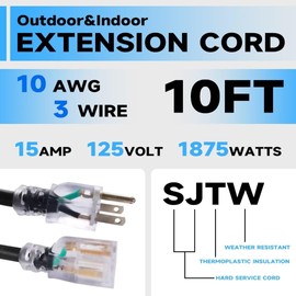 GREATIDE 10 Ft Lighted Outdoor Extension Cord - 10/3 SJTW Heavy Duty Black Extension Cable with 3 Prong Grounded Plug for Safety, UL Listed
