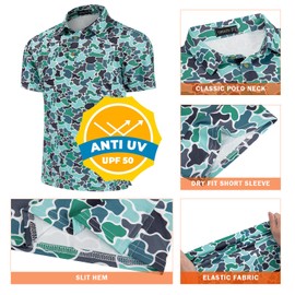 TAPULCO Men's UPF 50+ Quick Dry Golf Polo Shirts Sun Protection Funny Moisture Wicking Performance Standout Short Sleeve Athletic T Shirts Camo White Green Large