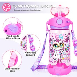 PinkSheep Kids Water Bottle with Straw/Lanyard 650ml BPA Free Child Drinking Water Bottle Leak-Proof Locking Flip Lid for School Kids Girls Boys School Sport Travel (kitty)