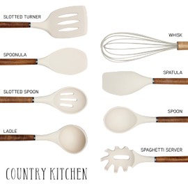 Country Kitchen Silicone Cooking Utensils, 8 Pc Kitchen Utensil Set, Easy to Clean Wooden Kitchen Utensils, Cooking Utensils for Nonstick Cookware, Kitchen Gadgets and Spatula Set - Khaki