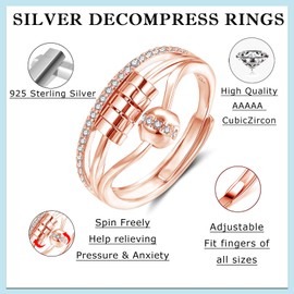 Deyanse Silver Anxiety Ring, Anxiety Rings 925 Silver for Anxiety Women Men Unisex, Open Adjustable Anti-Stress Rings, Infinity Spinner Fidget Ring with Beads, Zirconia Mood Ring Against Anxiety