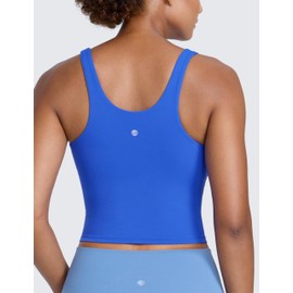 CRZ YOGA Butterlift Womens Racerack Longline Sports Bra - U Neck Yoga Padded Tank Pilates Workout Crop Top with Built in Pads Royal Large