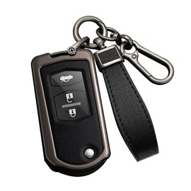 ontto Metal Car Key fob Cover Fit for Mazda 2 3 5 6 CX7 CX9 M6 RX8 MX5 Miata SPEED 3 MPV 2/3 buttons Leather Flip Key case Shell key holder bag keyring keychain protector accessories Black