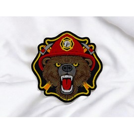 Firefighter Bear Embroidered Patch Iron On – Fierce Bear with Fire Helmet Design, 3.5 x 3.5 Inches, Iron on.