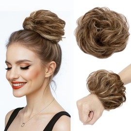 tesshair Messy Bun Hair Piece 100% Thick Tousled Human Scrunchies Natural Curly Wavy Bun Hair Piece with Elastic Band Hairpieces for Women Girls(Medium Brown mix Dark Blonde, 25g)