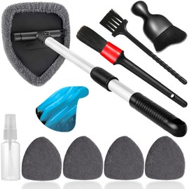Qydipclin 10pcs Windshield Cleaner Tool, Car Window Cleaning Wash Kit with 4 Reusable Microfiber Pads 1 Spray Bottle and Extendable Handle Auto Glass Wiper Kit, Gray