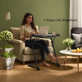 Homy Casa Adjustable Z Shaped TV Tray with Cup Holder, Small Sofa Side Table with Foldable Frame, Slide Under Couch Tray Desk for Living Room & Bedroom, Sturdy Metal Frame with PP Top, Black