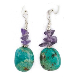 $80Tag Silver Hooks Certified Navajo Turquoise Amethyst Dangle Earrings 18294-21 Made By Loma Siiva