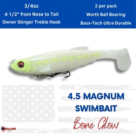 USA Bass Tackle Magnum Swimbait - Paddle Tail Swimbaits Pre Rigged Fishing Lures Premium Lure with Strong Owner Hook, Magdraft Style Bait for Giant Freshwater Predator Fish (Bone Glow, 4.5 inches)