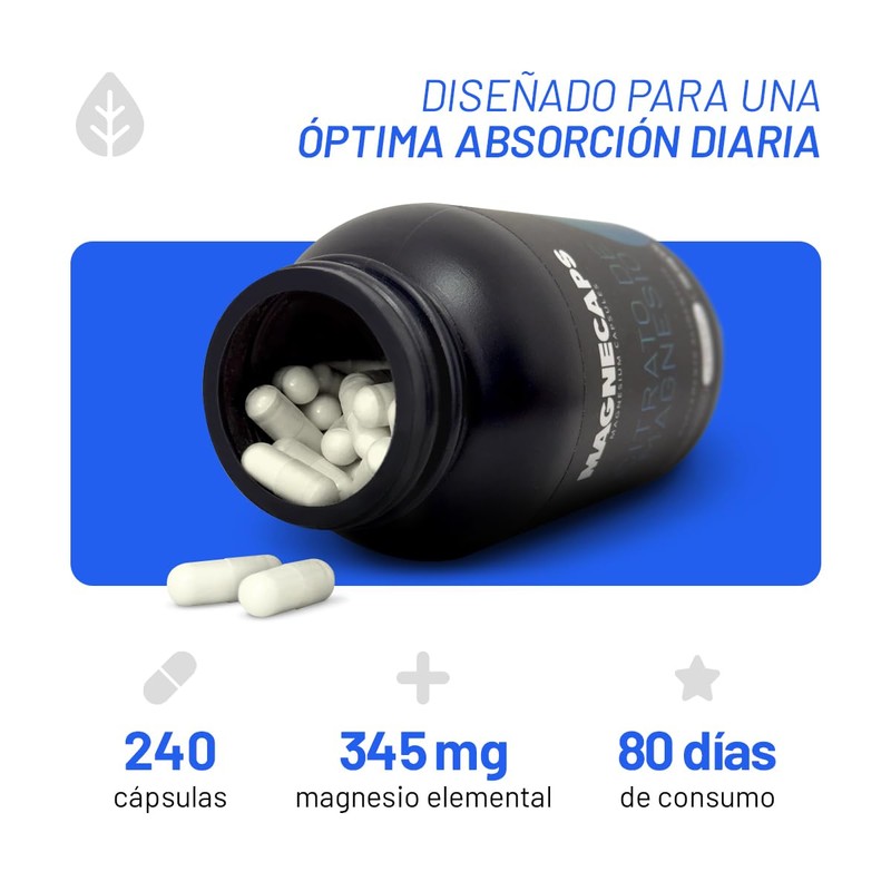 Citrato de Magnesio. Alta absorción con 240 cápsulas. Magnecaps de